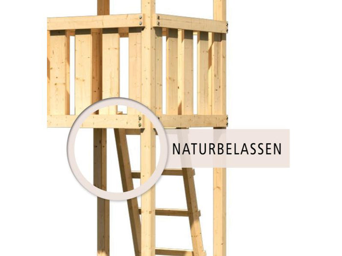 Karibu Spielturm Lotti Satteldach + Rutsche blau + Doppelschaukelanbau Klettergerüst + Anbauplattfor