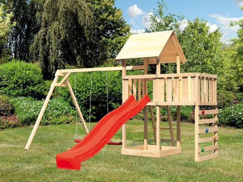 Karibu Spielturm Lotti Satteldach + Rutsche rot + Doppelschaukel + Anbauplattform + Kletterwand