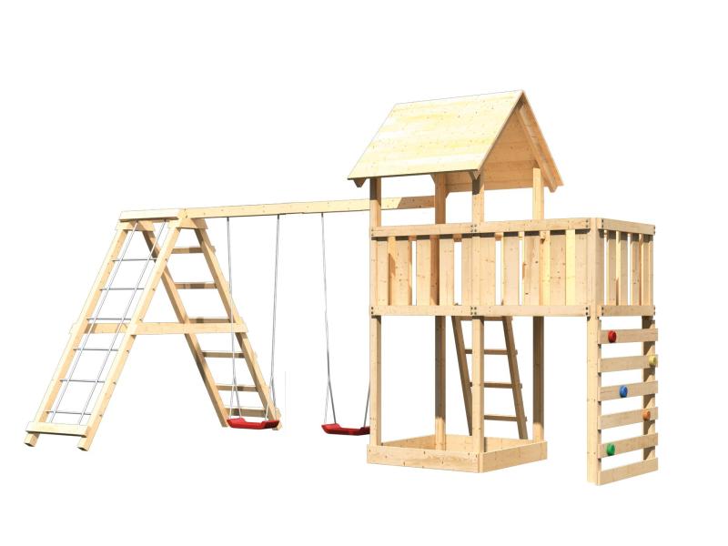 Karibu Spielturm Lotti Satteldach + Doppelschaukelanbau Klettergerüst + Anbauplattform + Kletterwand