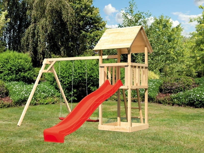 Karibu Spielturm Lotti Set mit Doppelschaukel und Rutsche in rot
