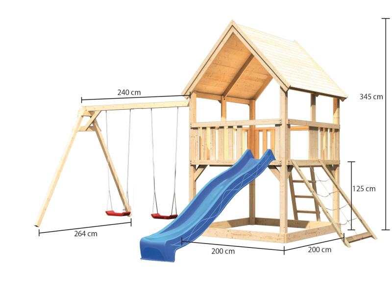 Karibu Spielturm Luis Satteldach + Rutsche blau + Doppelschaukel + Netzrampe