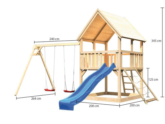 Karibu Spielturm Luis Satteldach + Rutsche blau + Doppelschaukel + Netzrampe