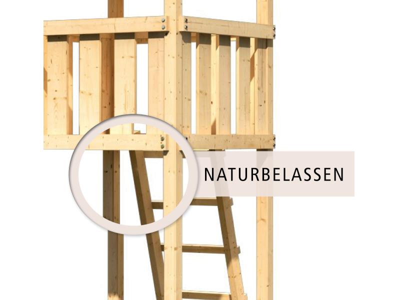 Karibu Spielturm Luis Satteldach + Rutsche blau + Doppelschaukel + Netzrampe