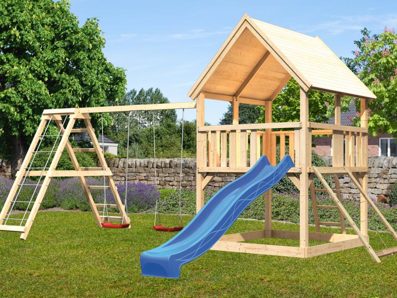 Karibu Spielturm Luis Satteldach + Rutsche blau + Doppelschaukelanbau Klettergerüst + Netzrampe