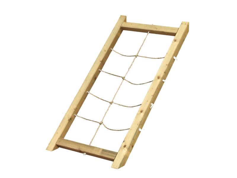 Karibu Spielturm Luis Satteldach + Rutsche blau + Doppelschaukelanbau Klettergerüst + Netzrampe