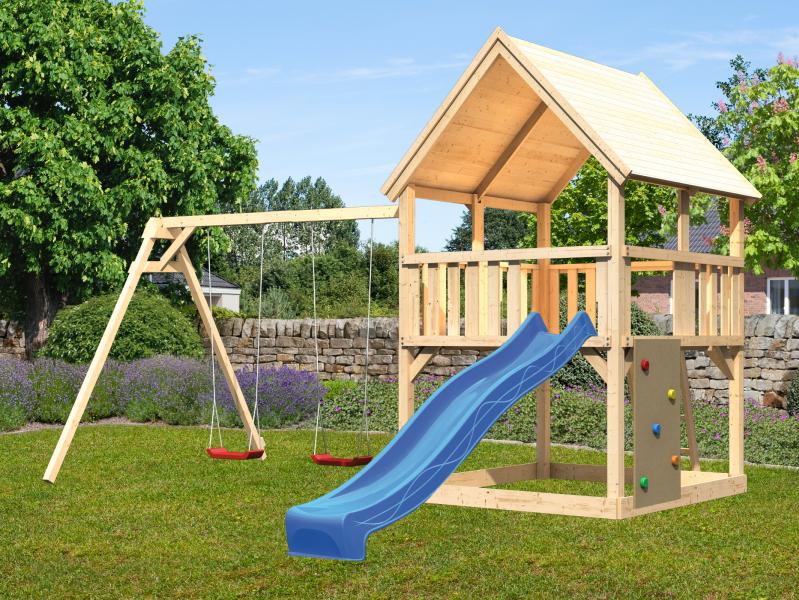 Karibu Spielturm Luis Satteldach + Rutsche blau + Doppelschaukel + Kletterwand