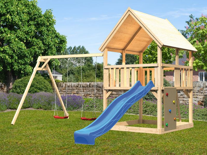 Karibu Spielturm Luis Satteldach + Rutsche blau + Doppelschaukel + Kletterwand