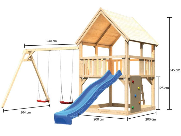 Karibu Spielturm Luis Satteldach + Rutsche blau + Doppelschaukel + Kletterwand