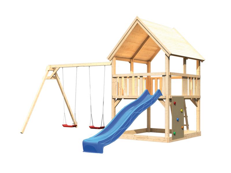 Karibu Spielturm Luis Satteldach + Rutsche blau + Doppelschaukel + Kletterwand