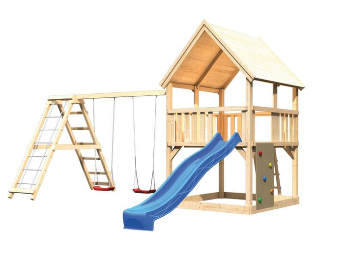 Karibu Spielturm Luis Satteldach + Rutsche blau + Doppelschaukelanbau Klettergerüst + Kletterwand