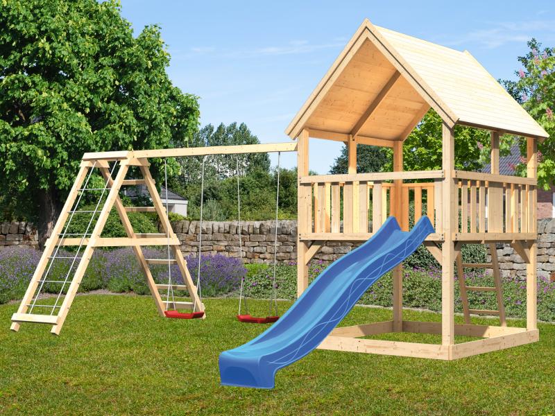 Karibu Spielturm Luis Satteldach + Rutsche blau + Doppelschaukelanbau Klettergerüst