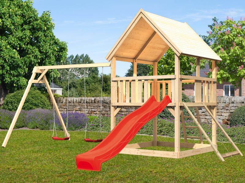 Karibu Spielturm Luis Satteldach + Rutsche rot + Doppelschaukel + Netzrampe