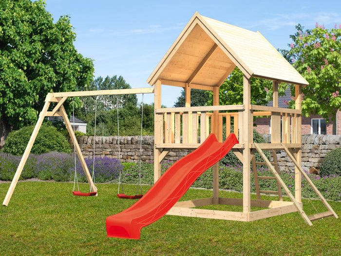 Karibu Spielturm Luis Satteldach + Rutsche rot + Doppelschaukel + Netzrampe