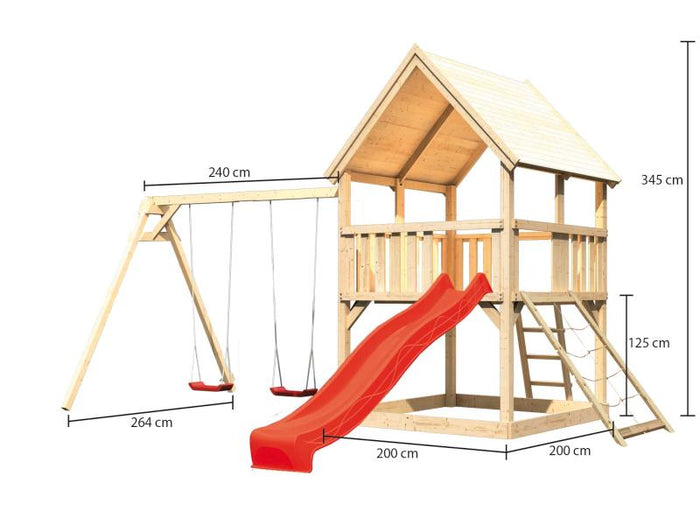 Karibu Spielturm Luis Satteldach + Rutsche rot + Doppelschaukel + Netzrampe