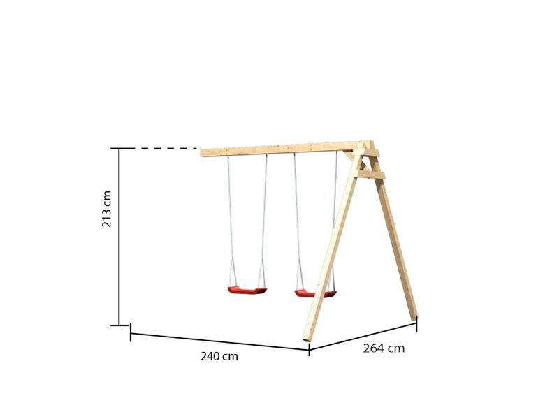 Karibu Spielturm Luis Satteldach + Rutsche rot + Doppelschaukel + Netzrampe
