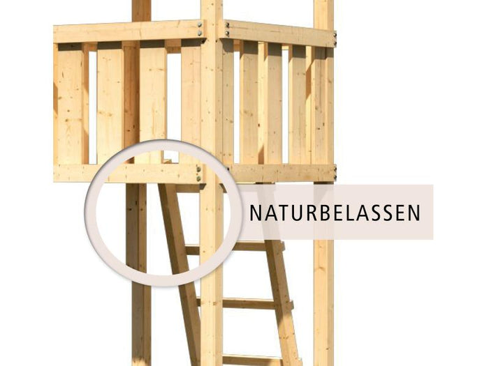 Karibu Spielturm Luis Satteldach + Rutsche rot + Doppelschaukelanbau Klettergerüst + Netzrampe