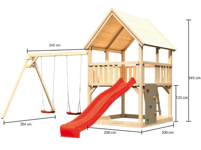 Karibu Spielturm Luis Satteldach + Rutsche rot + Doppelschaukel + Kletterwand