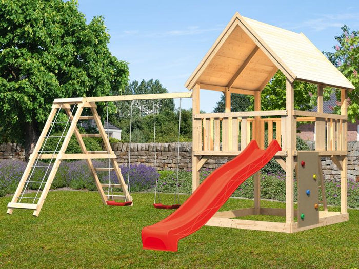 Karibu Spielturm Luis Satteldach + Rutsche rot + Doppelschaukelanbau Klettergerüst + Kletterwand