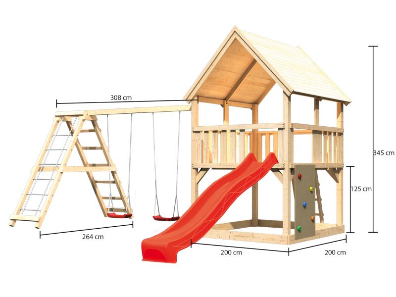 Karibu Spielturm Luis Satteldach + Rutsche rot + Doppelschaukelanbau Klettergerüst + Kletterwand