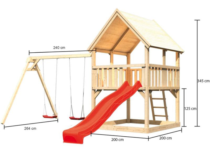 Karibu Spielturm Luis Satteldach + Rutsche rot + Doppelschaukel