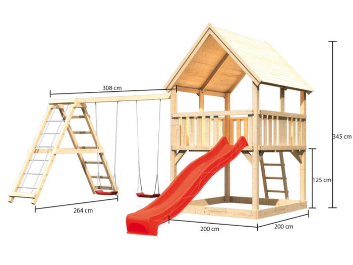 Karibu Spielturm Luis Satteldach + Rutsche rot + Doppelschaukelanbau Klettergerüst