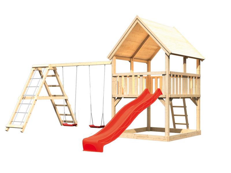 Karibu Spielturm Luis Satteldach + Rutsche rot + Doppelschaukelanbau Klettergerüst