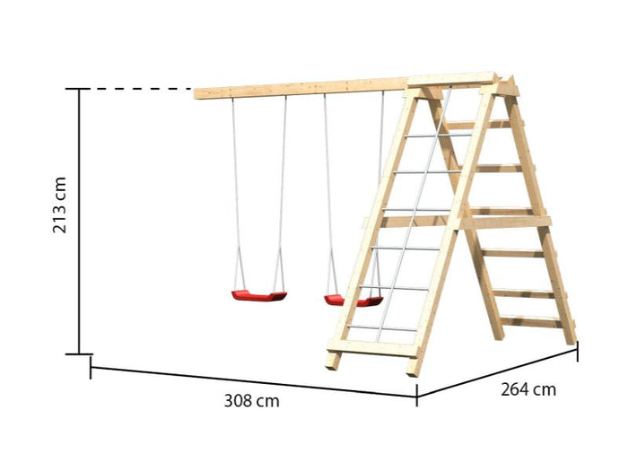 Karibu Spielturm Luis Satteldach + Rutsche rot + Doppelschaukelanbau Klettergerüst