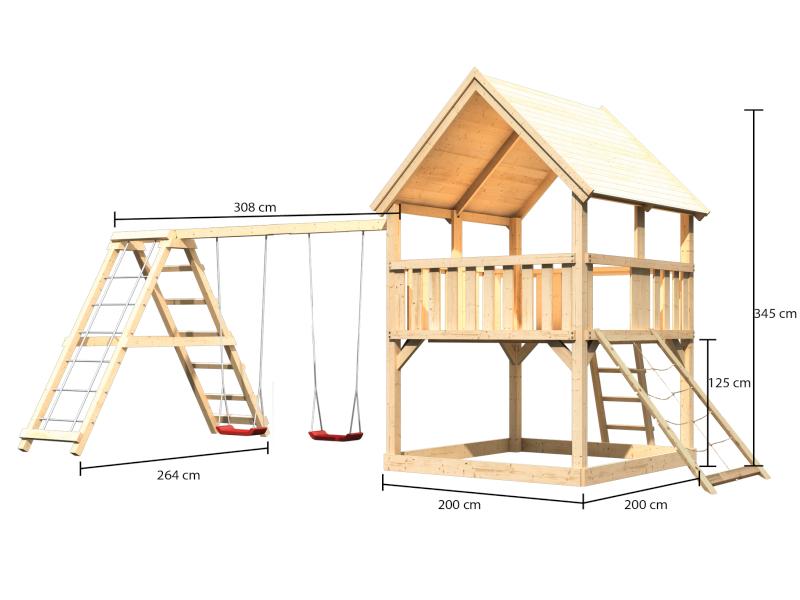 Karibu Spielturm Luis Satteldach + Doppelschaukelanbau Klettergerüst + Netzrampe
