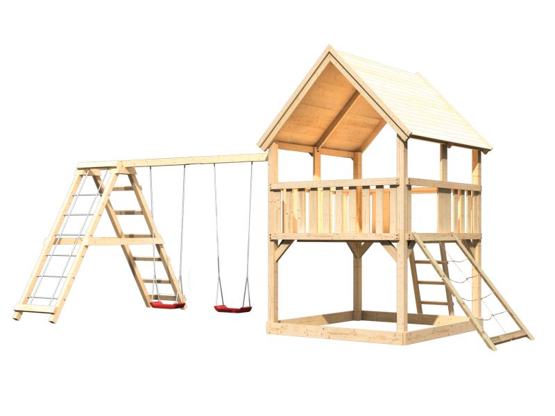 Karibu Spielturm Luis Satteldach + Doppelschaukelanbau Klettergerüst + Netzrampe