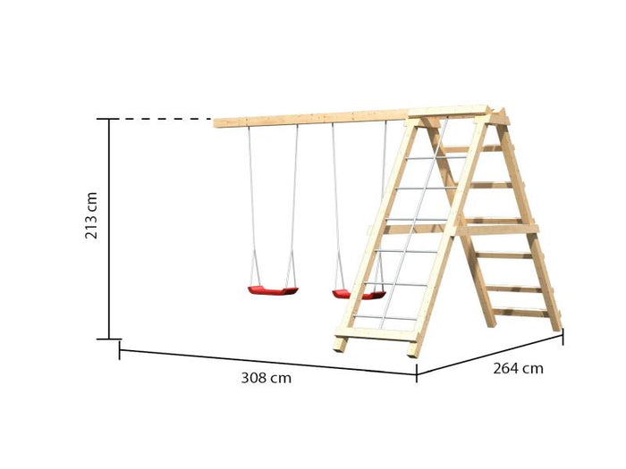 Karibu Spielturm Luis Satteldach + Doppelschaukelanbau Klettergerüst + Netzrampe