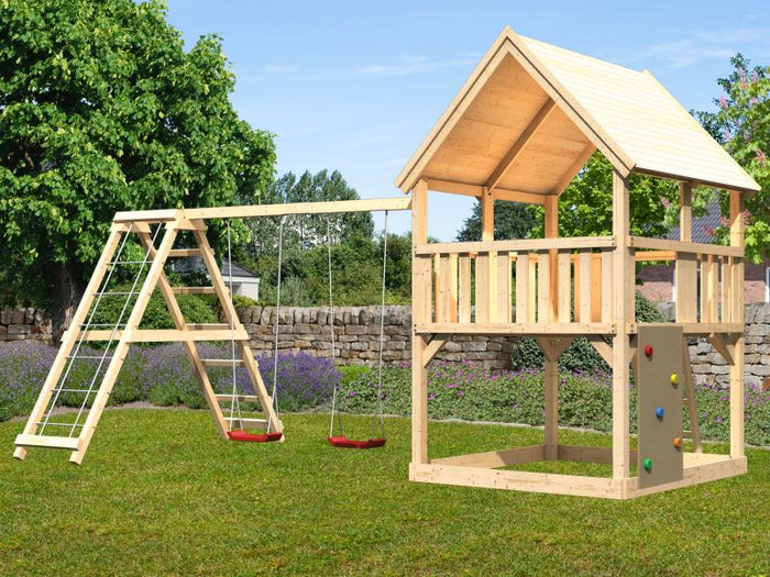 Karibu Spielturm Luis Satteldach + Doppelschaukelanbau Klettergerüst + Kletterwand