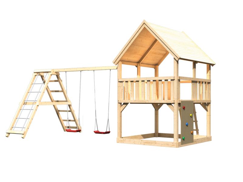 Karibu Spielturm Luis Satteldach + Doppelschaukelanbau Klettergerüst + Kletterwand
