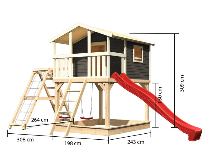Karibu Stelzenhaus Benjamin grau mit Rutsche in rot und Doppelschaukelanbau mit Klettergerüst und Ne