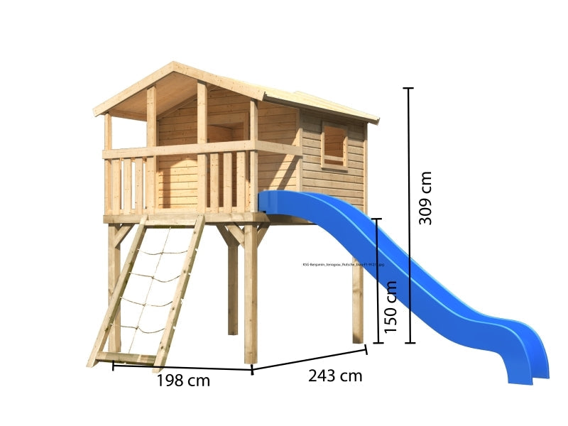 Karibu Stelzenhaus Benjamin natur mit Netzrampe und Rutsche in blau