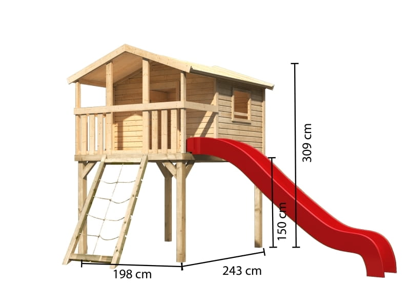 Karibu Stelzenhaus Benjamin natur mit Netzrampe und Rutsche in rot