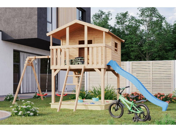 Karibu Stelzenhaus Benjamin natur mit Rutsche in blau und Doppelschaukelanbau