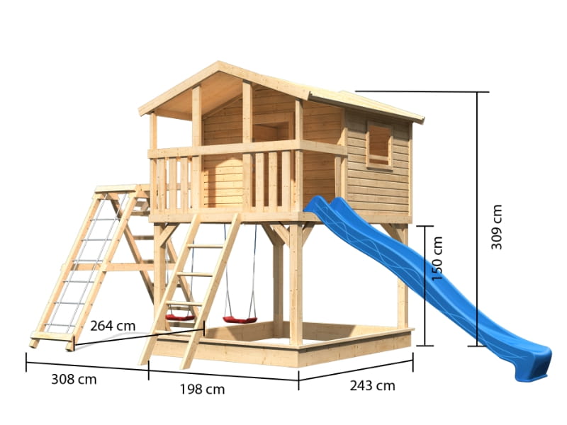 Karibu Stelzenhaus Benjamin natur mit Rutsche in blau und Doppelschaukelanbau mit Klettergerüst und