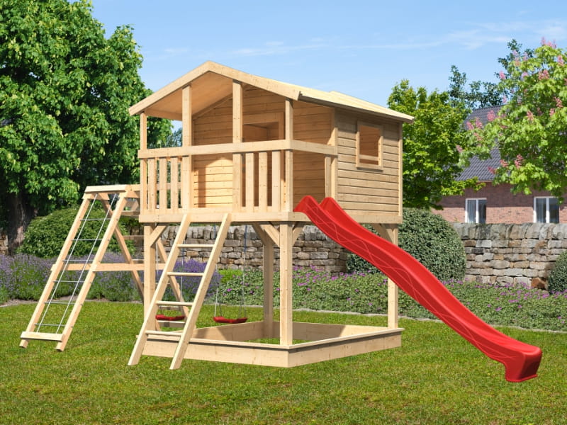 Karibu Stelzenhaus Benjamin natur mit Rutsche in rot und Doppelschaukelanbau mit Klettergerüst und N