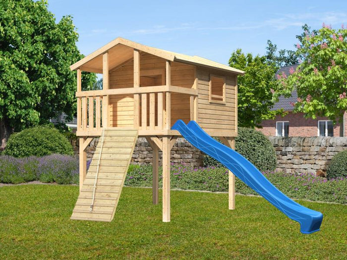 Karibu Stelzenhaus Benjamin naturbelassen + Rutsche blau + Holzrampe