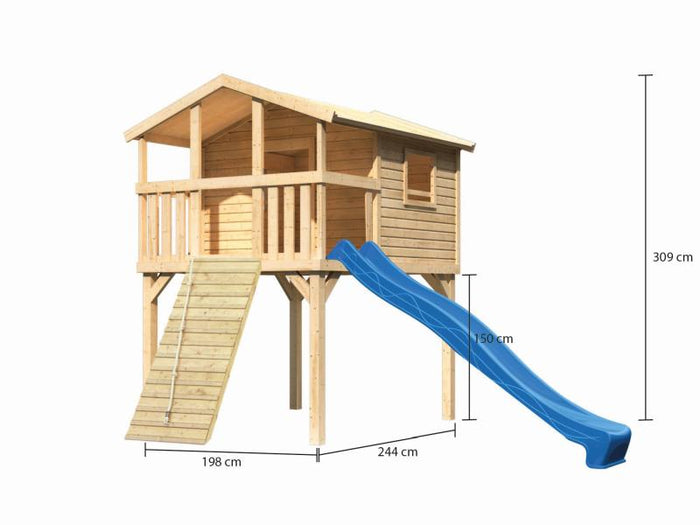 Karibu Stelzenhaus Benjamin naturbelassen + Rutsche blau + Holzrampe