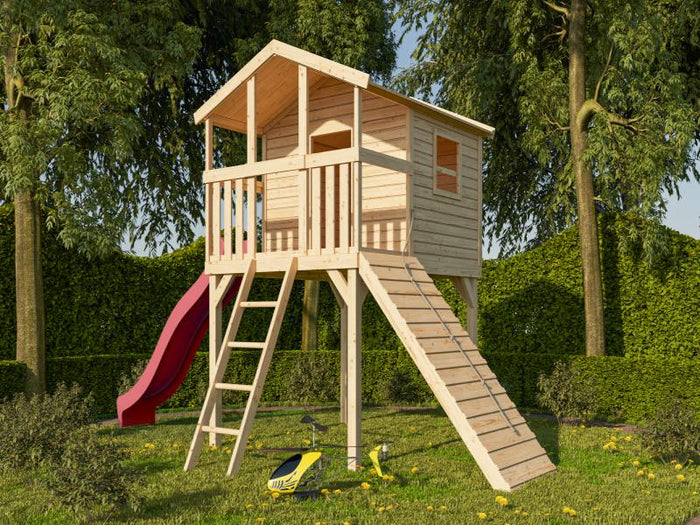 Karibu Stelzenhaus Benjamin naturbelassen + Rutsche rot + Holzrampe