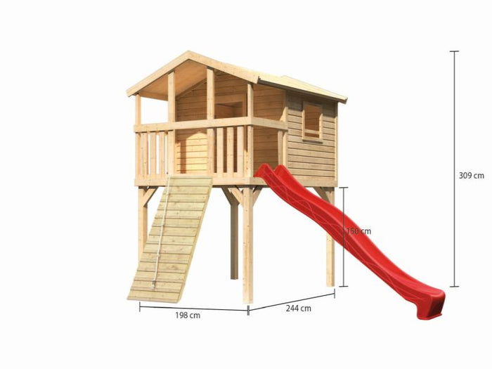Karibu Stelzenhaus Benjamin naturbelassen + Rutsche rot + Holzrampe