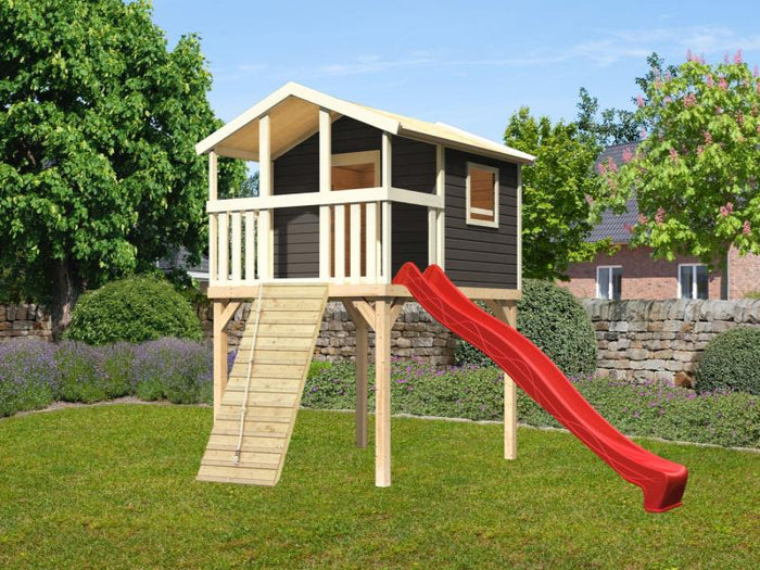 Karibu Stelzenhaus Benjamin terragrau + Rutsche rot + Holzrampe