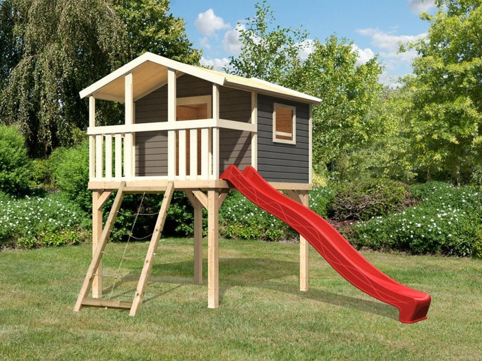 Karibu Stelzenhaus Benjamin terragrau mit Netzrampe und Rutsche in rot