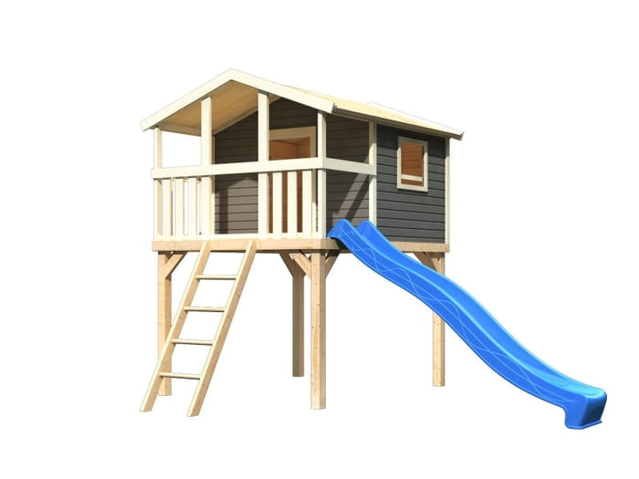 Karibu Stelzenhaus Benjamin terragrau mit Rutsche in blau