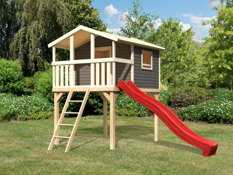 Karibu Stelzenhaus Benjamin terragrau mit Rutsche in rot