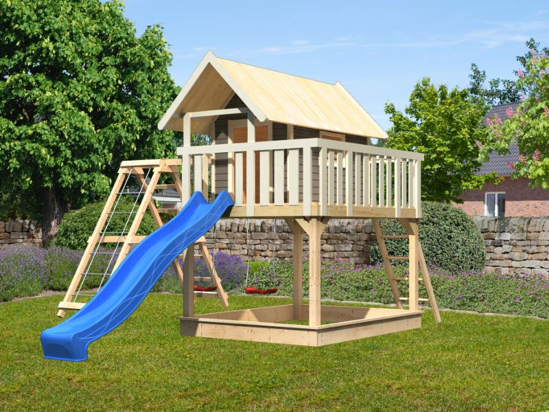 Karibu Stelzenhaus Fidel grau + Rutsche blau + Doppelschaukelanbau + Klettergerüst und Netzrampe