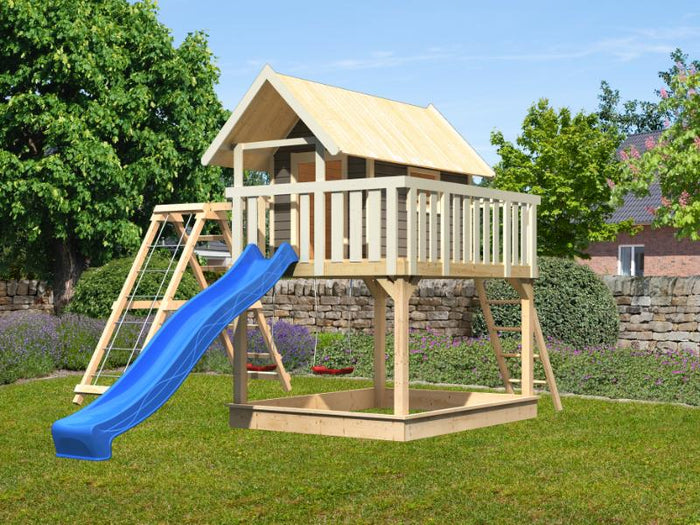 Karibu Stelzenhaus Fidel grau + Rutsche blau + Doppelschaukelanbau + Klettergerüst und Netzrampe