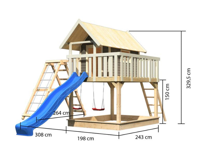 Karibu Stelzenhaus Fidel grau + Rutsche blau + Doppelschaukelanbau + Klettergerüst und Netzrampe