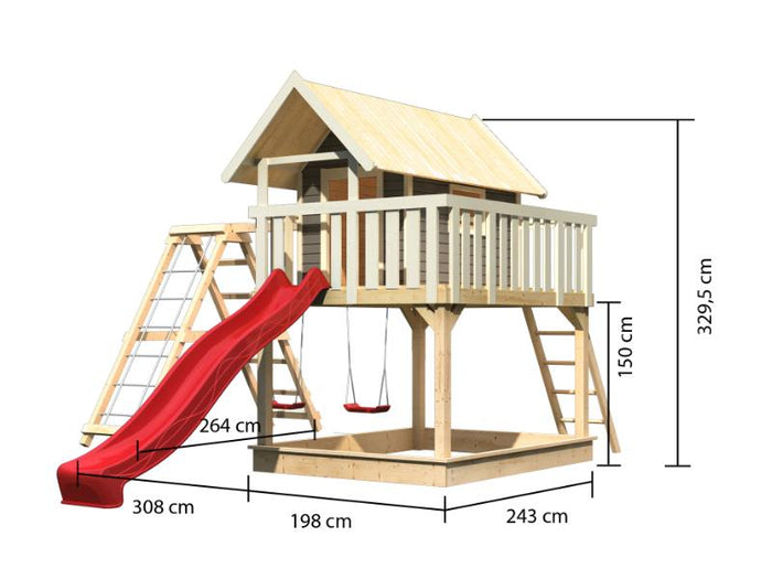 Karibu Stelzenhaus Fidel grau + Rutsche rot + Doppelschaukelanbau + Klettergerüst und Netzrampe